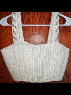 Manière De Voir Cream Tweed Crop Top with Gold Chain-Strap